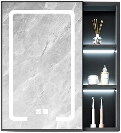 Smart Led Bathroom Mirror Cabinet with Defogger, Open Storage, Over Toilet Organizer, Stylish White Design, Space-Saving 70" Wall-Mounted Solution.,60x65x10cm-Grey