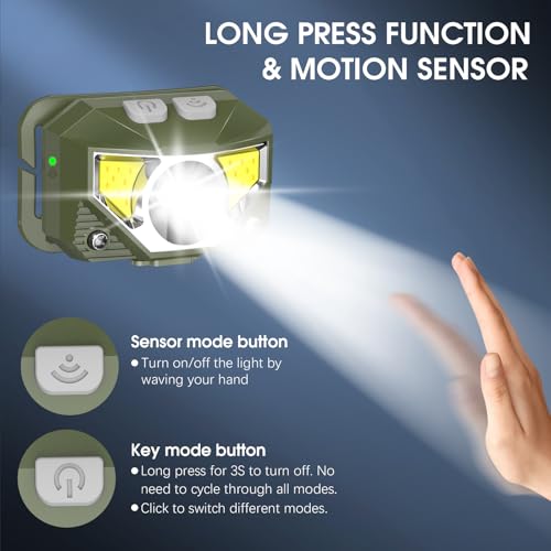 Image of LHKNL Headlamp Flashlight, Lumen Ultra-Light Bright LED Rechargeable Headlight with White Red Light,2-Pack Waterproof Motion Sensor Head Lamp,8 Mode for Outdoor Camping Running Fishing- Green
