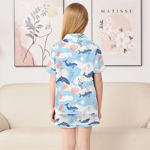 Cartoon Ocean Whale Style Summer Satin Pajama Set, Cute Button-Down Sleepwear Pj Set for Sleep Wears4
