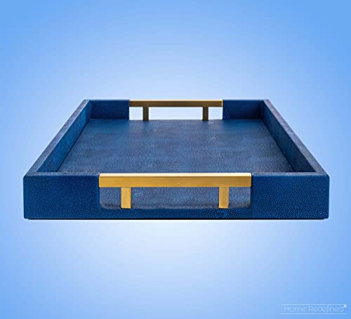 Modern Elegant 18”X12” Rectangle Navy Blue Rectangle Shagreen Decorative Ottoman Coffee Table Perfume Living Room Kitchen Serving Tray With Brass Gold Metal Handles For All Occasion's #TOP3