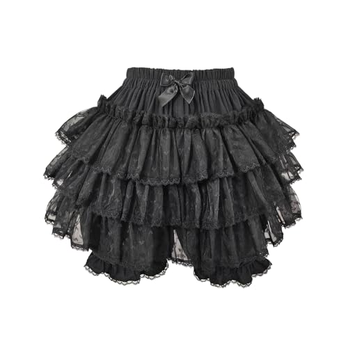 Cuteighteen Women Lolita Bloomers Japanese Cute Tiered Ruffle Bloomer Shorts Mesh Tulle Tutu Pumpkin Pants Pettipants (Black)