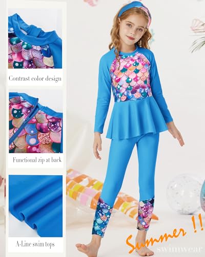 Image of GRACE KARIN Girls Long Sleeve Swimsuit Mermaid Bathing Suit Rash Guard Swimwear 4 Piece Size 5-12