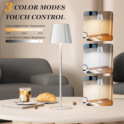 Image of Kakanuo Cordless Table Lamp Rechargeable - Silver Grey 2 Pack 5000mAH Battery Operated Lamp for Counter, 3 Color Stepless Dimming Wireless Lamp for Dining Kitchen, Outdoor Patio, Touch Control