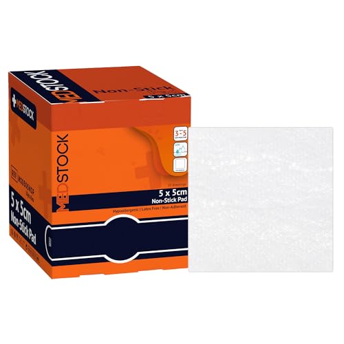 MEDSTOCK Non-Stick Pad, 5CM X 5CM, 50 Count, Gauze Pad Dressing, Non-Stick Wound Care, Surgical Grade, Fragile Tissue Protection, High Absorption, Porous Film Skin Contact Layer, Non Woven Fabric