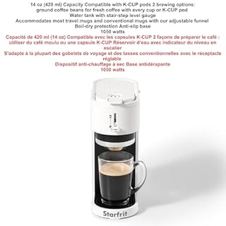 Starfrit Machine à café 2 en 1 - Pour préparer des dosettes K-Cup ou du café moulu - Bec réglable pour tasses - Panier filtrant amovible - Blanc mat