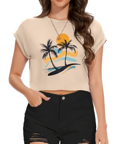 Image of Womens Crop Tops Summer Roll Cap Sleeve Cropped Tshirt Loose Fit Basic Tees