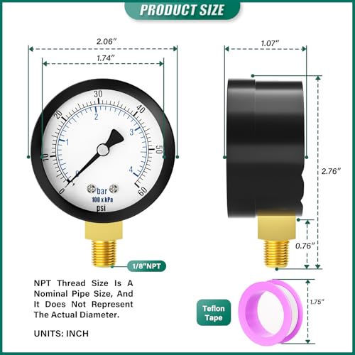 Image of 0-60PSI Well Pump Pressure Gauge 2 inch Dial Size, 1 /8 inch NPT Lower Mount, 3-2-3% Accuracy, for Tube, Water Pump, Gas, Liquid, Pressure Test