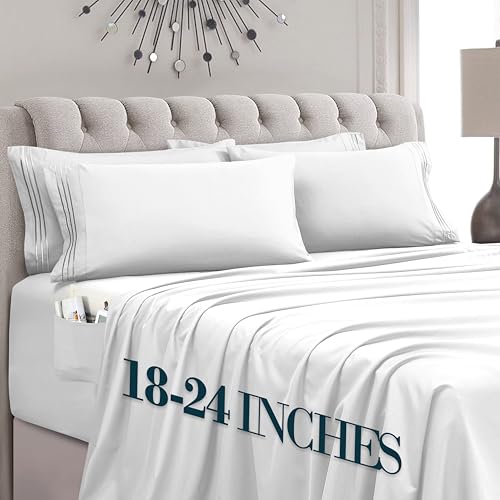 Image of Mocassi Luxury 6-Piece Sheet Set, Ultra Soft 1800 Premium Hotel Quality Microfiber Sheet Set, Fits Mattresses Up to 18 to 24 Inches Extra Deep Pocket - Breathable and Secure Fit, King, White