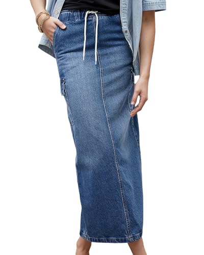 Women's Casual Drawstring Stretchy Denim Skirt Elastic Waist Bodycon Midi Jean Skirts with Flap Pocket
