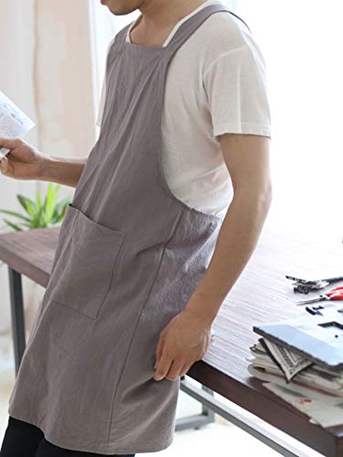 Losofar Women Men Cotton/Linen Japanese Style Cross Back Aprons Pinafore Dress With Two Pockets For Cooking, Housewarming, Daily Chores(Grey, 24×27.6Inch) #TOP3