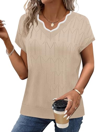Image of WIHOLL Womens Summer Tops Cap Sleeve Sweater V Neck Shirts Beach Vacation Clothes Business Casual Fashion Clothing