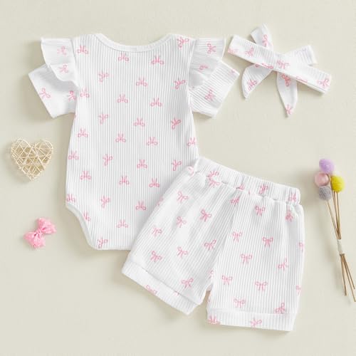 Loalirando Neugeborene Baby Mädchen Sommer Kleidung Set Kurzarm Gerippt Body + Shorts + Stirnband Bekleidungssets für Baby-Mädchen (Hellpink Kleine Schleife Weiß, 0-3 Monate)