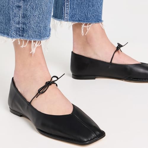 Image of Ballet Flats for Women Lace Up Bow Square Toe Mary Janes Cute Ballerina Shoes Slip On Comfortable Elegant Dress Shoes