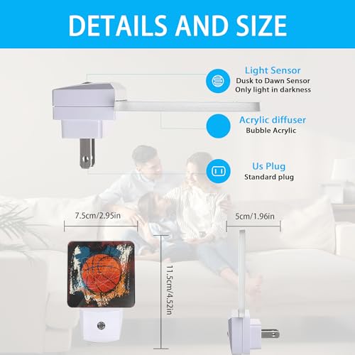 Image of Night Lights Plug into Wall Vintage Grunge Basketball Night Lights Dusk to Dawn Sensor Led Lamp for Women Men,Led Lights for Stairway /Hallway /Bedroom,0.5W