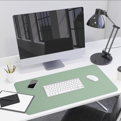 Image of AROPANA Vegan Leather Desk Mat | Large Reversible Mouse Pad & Table Protector | Dual-Side Waterproof Laptop Pad with Edge-Stitched Design (80x40CM, Light Green & Blue)