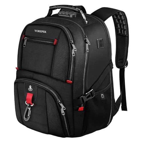 YOREPEK Mochila Grande Hombre 50L, Mochila Trabajo Antirrobo con Airtag y Bloqueo RFID Laptop Backpack con Puerto de Carga USB Impermeable para Portatil 17 Pulgadas, Escolar, Trabajo, Viaje, Negro