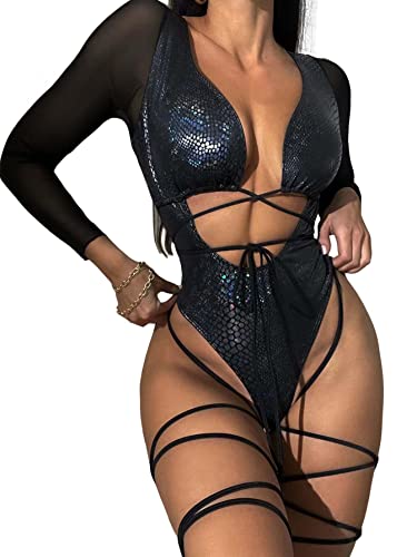 Womens Rave Wear One Piece Bodysuit Snakeskin Print Sexy Leg Rings Swimsuit for Festival Dance Rave Clothing2