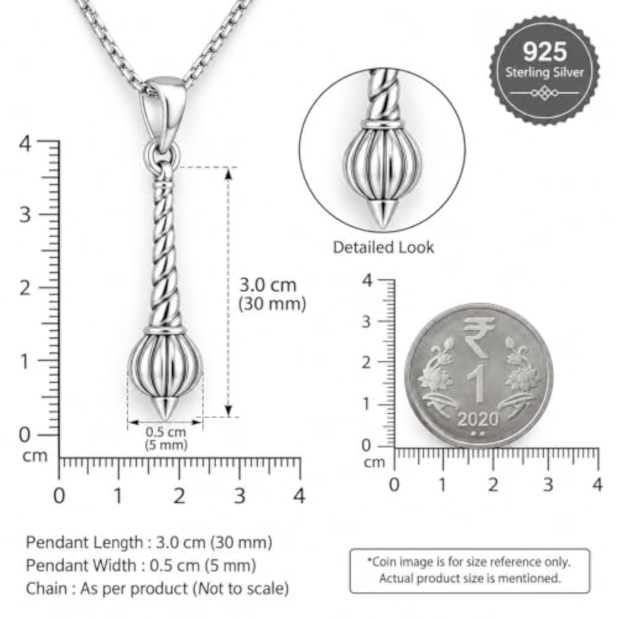 925 Sterling Silver Hanuman Gada Pendant, Religious Gift
