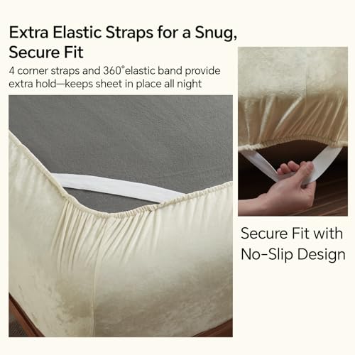 BEDELITE Velvet Fitted Sheet and Pillowcases Set, Luxury Soft Fuzzy Bottom Sheet with Reinforced Elastic Corner Straps, Deep Pocket up to 15 Inch, 1 Fitted Sheet and 2 Pillowcases (Full, Cream)