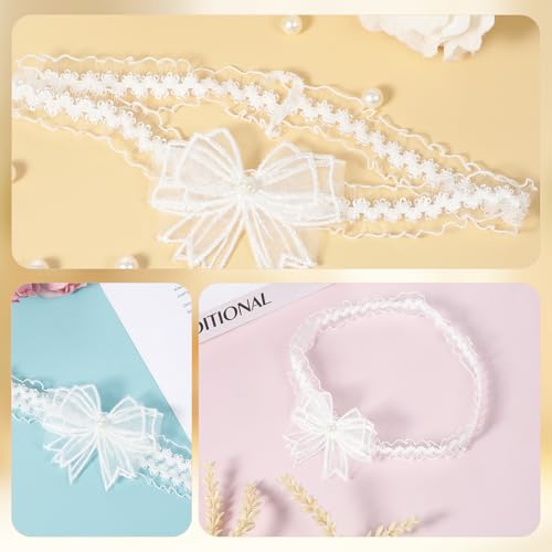White Lace Bow Floral Garters, Wedding Garters for Bride Vintage Pearl Lace Garter Bowknot Stretch Thigh Garter Elastic Leg Garters Wedding Party Porm Body Accessories for Women Girls3