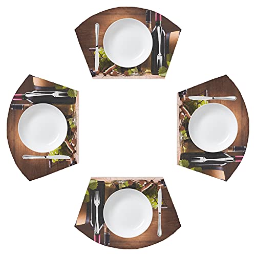 Wine Glass Grapes Round Table Placemat Set Of 4, Retro Wooden Background Wedge Place Mats Non Slip Washable Heat Resistant Table Mat For Indoor Home Kitchen Dining Table Runner Decor #TOP1