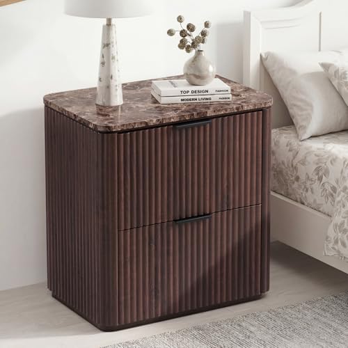 Image of 3 Sided Fluted Nightstand with Faux Marble Top, Mid Century Modern
