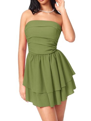 Image of CIDER Women's Summer Cocktail Dress - Tube Ruched Ruffle Mini Dress | Strapless, Country Concert, Western Cowgirl Outfits