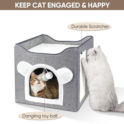 Furjoy Katzenbetten für Indoor Katzen, Faltbares Katzenhaus, Katzenhöhle 2 Schicht Würfel Großer Raum Katzenbett mit Kratzbrett und Spielball, 15.8 x 15.8 x 15inches