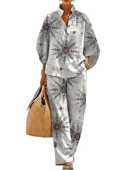 Conjunto de verano para mujer con estampado vintage y pantalon de pierna ancha elegante