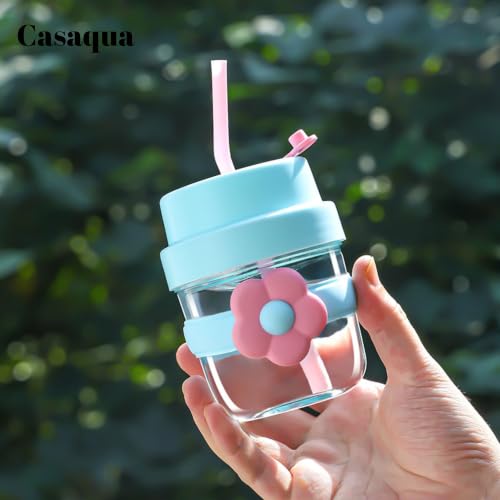 Image of Glass Tumbler with Straw & Lid -300ml, Set of 1, Reusable Glass Sipper Cup with Silicone Flower Sleeve, BPA-Free Drinking Cup for Iced Coffee, Juice, Smoothies, Milk, Water (Random Color)