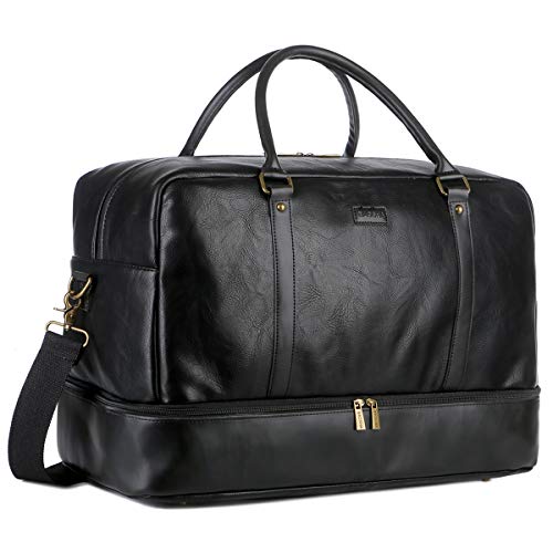 BAOSHA Groß Leder Reisetasche Handgepäck Travel Duffel Carry On Bag Weekender Tasche mit Schuhfach für Männer & Herren HB-38 (Schwarz)