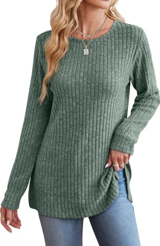 Image of Jescakoo Long Sleeve Shirts for Women Crew Neck Fall Tops Side Split Lightweight Tunic Sweaters Fashion Clothes 2025 S-4XL