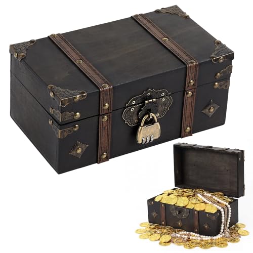 Threehoney Wooden Treasure Chest 10.2" x 5.9" x 4.7" Vintage Keepsake Box