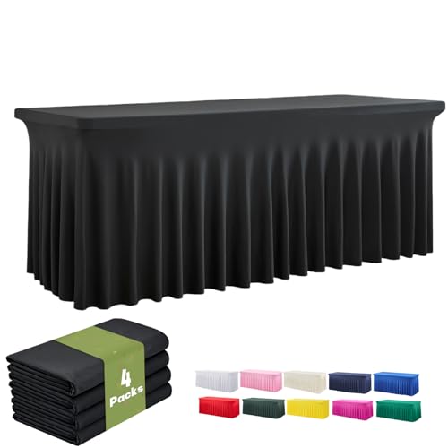 leegleri 4 Pack Black Spandex Tablecloths for 8 Foot Rectangle Tables, Wrinkle Free Fitted Table Cloths 8ft Stretchy Table Cloth Cover with Skirt for Parties Weddings Birthday Banquet Baby Shower
