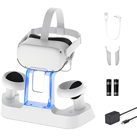 NexiGo Enhanced Charging Dock with LED Light for Oculus Quest 2, [Support Elite Strap], Headset Display Stand and Controller Mount, 2 Rechargeable Batteries, Magnetic Cable Cover