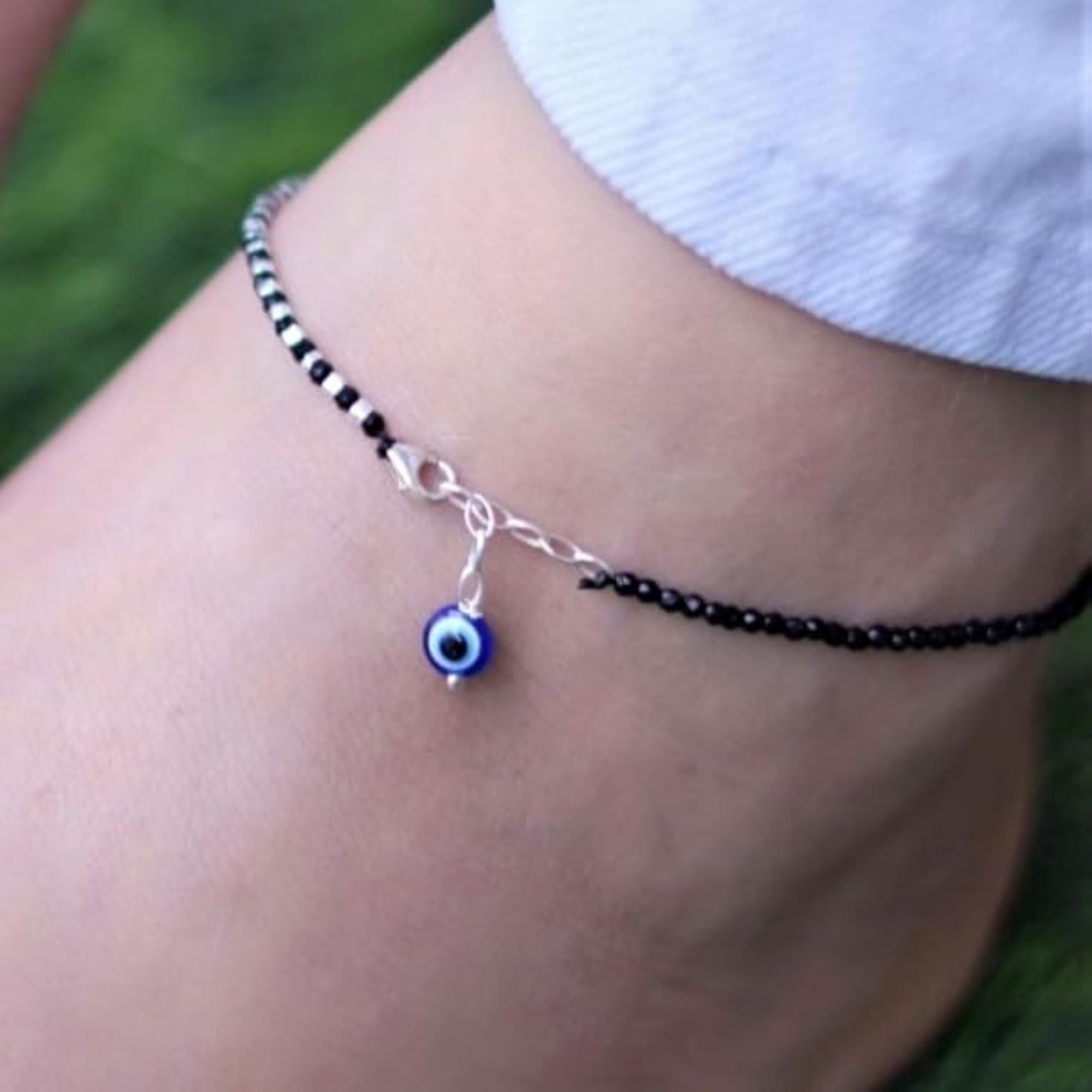 925 Silver Evil Eye Rhodium Adjustable Anklet Beaded