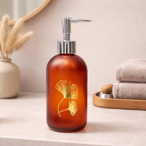 Image of Luxe Home International Flower Print Glass Soap Dispenser for Bathroom and Kitchen Sink Leak Proof Liquid Hand Wash Round Bottle Lightweight Smooth Finish (19.5x7.5 cm Red-Brown) Pack of 1