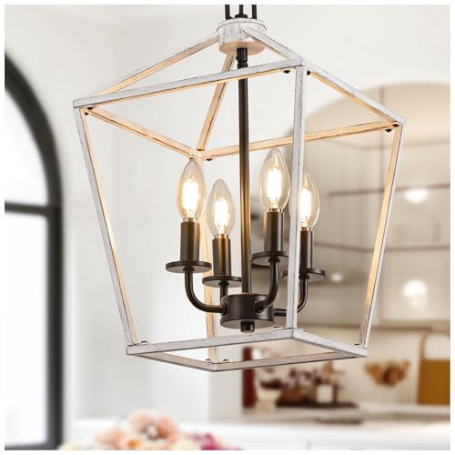 L LOHAS LED Oak White Farmhouse Chandelier, Industrial 4-Light Lantern Light, Dining Room Lighting Fixtures, Adjustable Height Metal Cage, Kitchen Island, Entryway, E12
