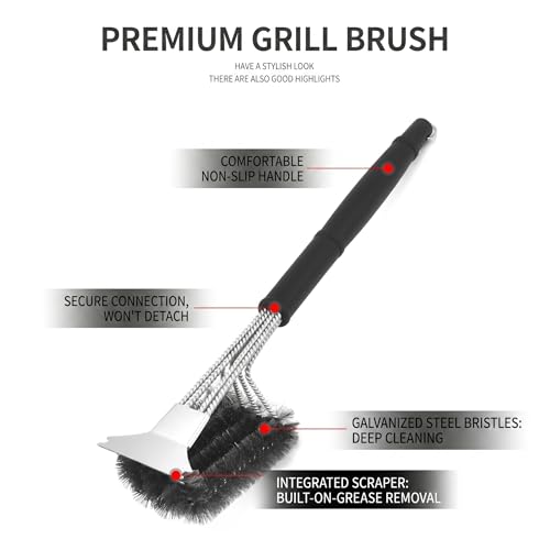 Grillbürste mit Edelstahlborsten, Grill Reinigungsbürste mit Schaber und Hitzeschutzgriff, BBQ Grillreiniger für Gasgrill, Holzkohlegrill, Kugelgrill, Elektrogrill und Grillrost