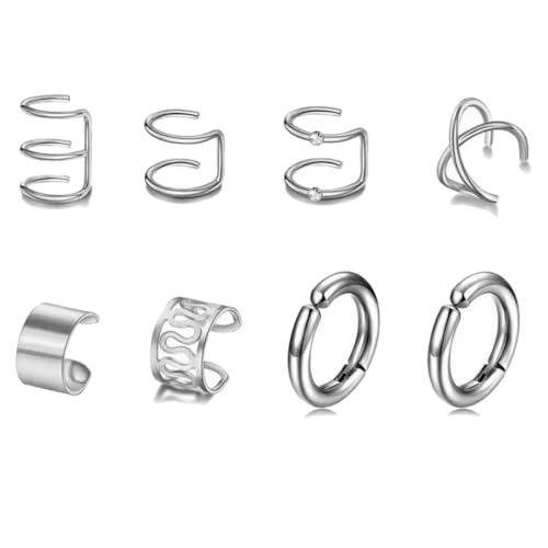JEYORZY 8 Pcs Ear Cuff Pendientes Ajustables, Clip Falsos Hipoalergénicos para Oreja Helix Puños de Cartílago Plata
