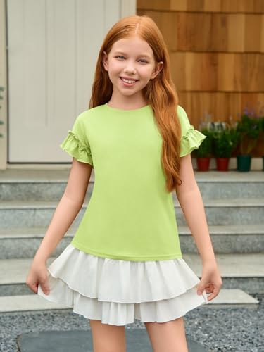 Image of Haloumoning Girls Ruffle Short Sleeve T Shirts Kids Summer Crewneck Tops Cute Tees Blouse 5-14 Years