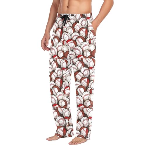 Men's Baseball Balls Pattern Pajama Pants with Pockets - Straight Fit Cotton Sleep Bottoms for Lounge & Nightwear#344
