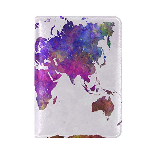 ALAZA World Map Colorful Watercolor Artwork PU Leather Passport Holder Cover Case Travel One Pocket