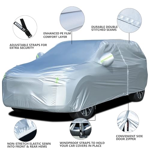 Image of Tecoom Light Shell Breathable Material Classic Zipper Design Waterproof UV-Proof Windproof Car Cover with Storage and Lock for All Weather Indoor Outdoor Fit 191-205 Inches SUV