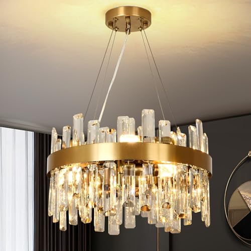 KUNYEEE Lustre moderne en cristal doré, suspension ronde en cristal, 8 ampoules E14 pour salon, salle à manger, chambre à coucher, Φ40 cm