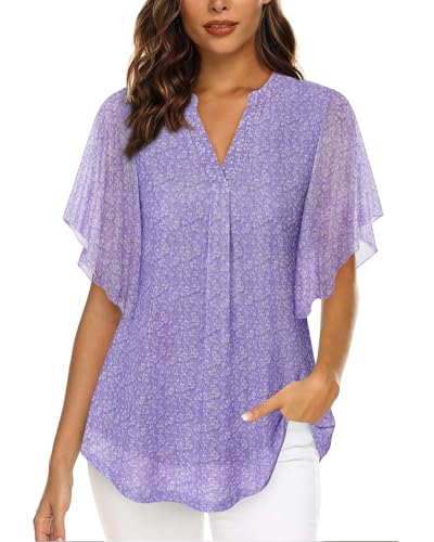 Image of Timeson Women's Short Sleeve V Neck Blouses Shirts Floral Double Layers Mesh Tunics Tops