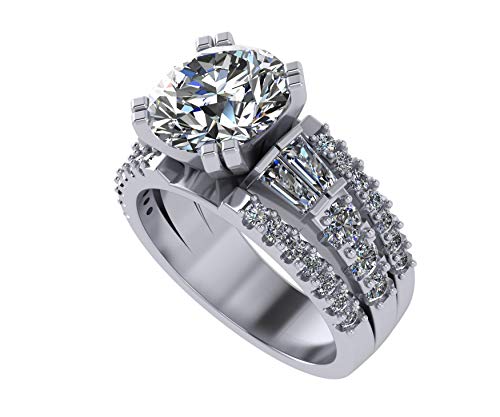 3.00 Carat Simulate Diamond Engagement Ring-Round & Baguette 5.00ct twt-Platinum Plated Sterling Silver