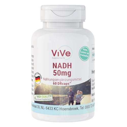 NADH 50 mg - 60 Kapseln - schluckfreundlich, vegan und stabil - zeitverzögerte DRcaps - 2 Monats-Versorgung | Qualität aus Deutschland von ViVe Supplements