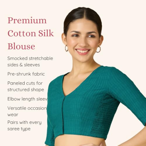 Image of Studio Shringaar Women Cotton Half Sleeve Madras Checks Saree Blouse with Stretchable Sides