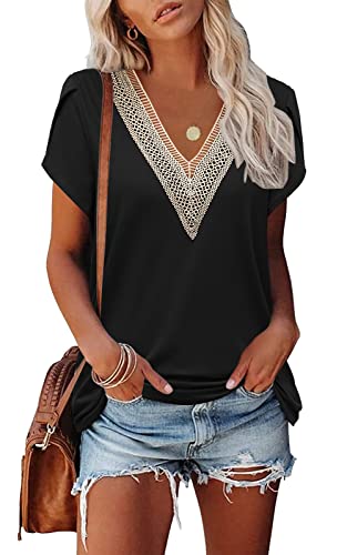 Women's Shirts Guipure V Neck Short Petal Sleeve T Shirts Casual Tees Tops 6069 Black X-Large #TOP8